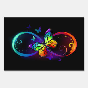 Vibrant infinity with rainbow butterfly on black sign