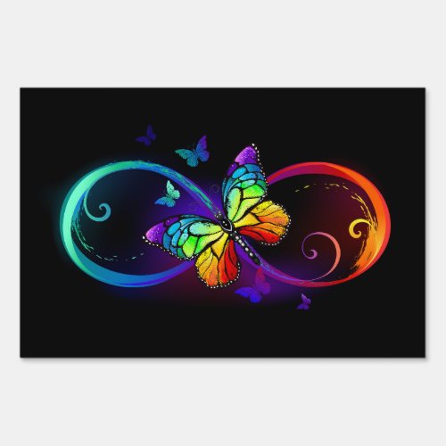 Vibrant infinity with rainbow butterfly on black  sign