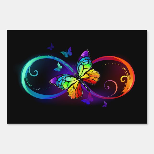 Vibrant infinity with rainbow butterfly on black  sign (Front)