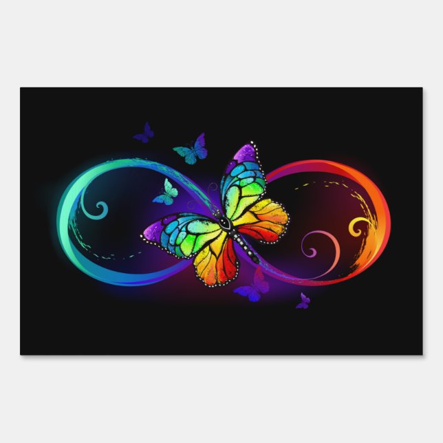 Vibrant infinity with rainbow butterfly on black  sign (Front)