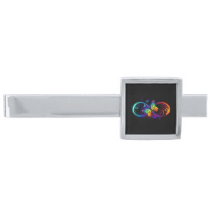 Vibrant infinity with rainbow butterfly on black silver finish tie bar