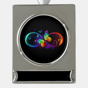 Vibrant infinity with rainbow butterfly on black silver plated banner ornament