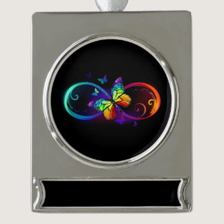 Vibrant infinity with rainbow butterfly on black silver plated banner ornament
