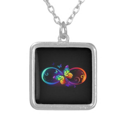 Vibrant infinity with rainbow butterfly on black silver plated necklace