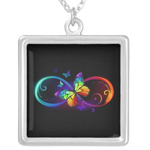 Vibrant infinity with rainbow butterfly on black silver plated necklace