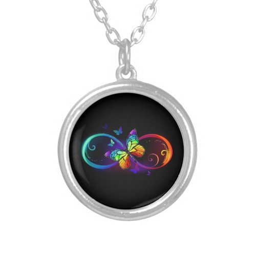 Vibrant infinity with rainbow butterfly on black silver plated necklace