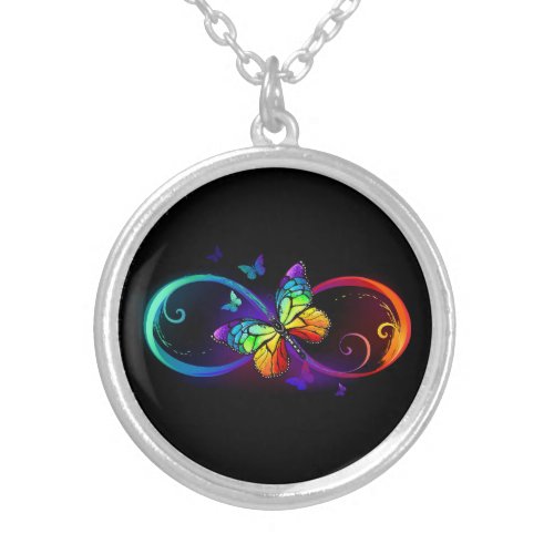 Vibrant infinity with rainbow butterfly on black silver plated necklace