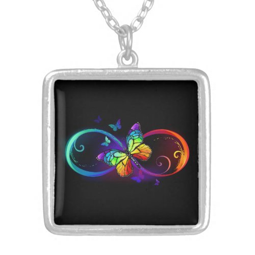 Vibrant infinity with rainbow butterfly on black  silver plated necklace