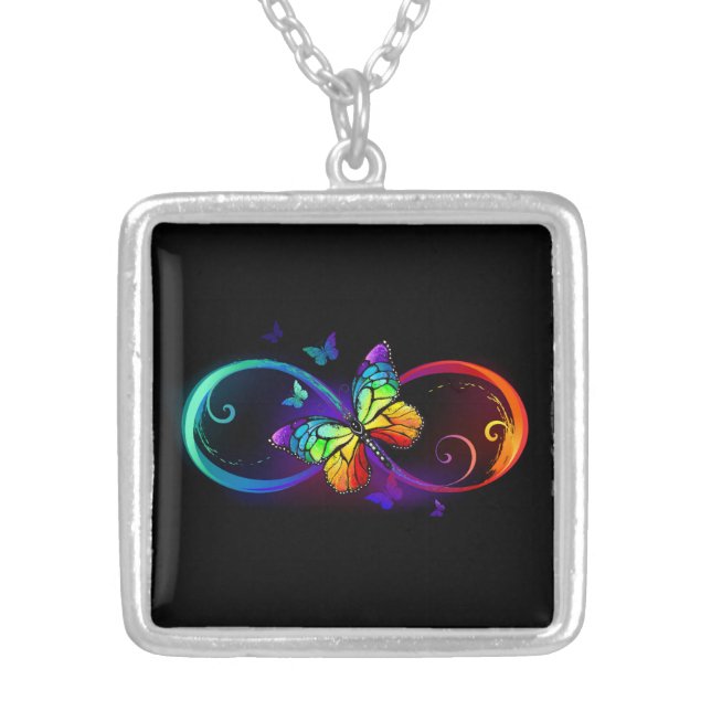 Vibrant infinity with rainbow butterfly on black  silver plated necklace (Front)