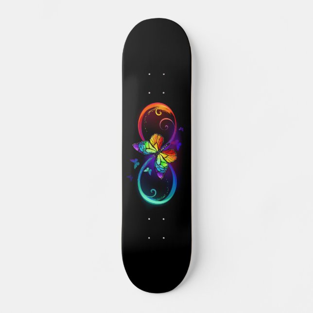Vibrant infinity with rainbow butterfly on black skateboard (Front)
