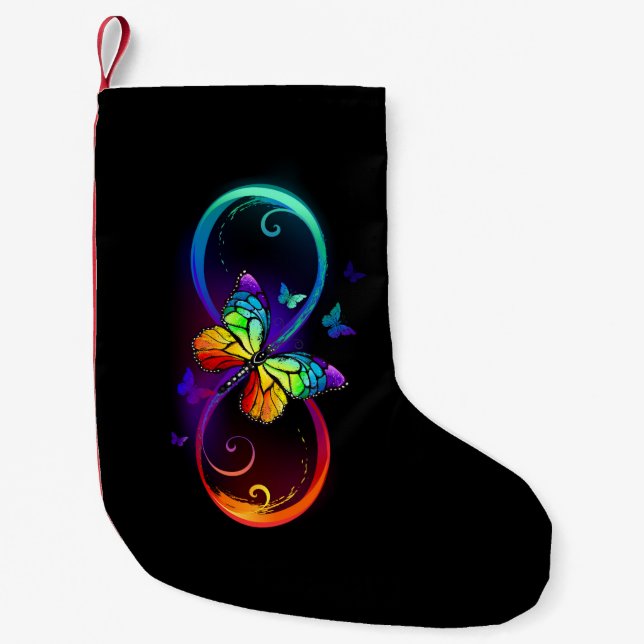 Vibrant infinity with rainbow butterfly on black small christmas stocking (Front)