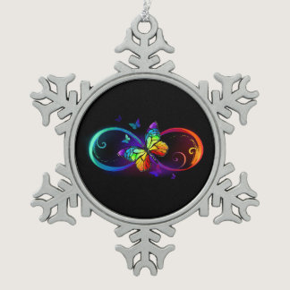 Vibrant infinity with rainbow butterfly on black  snowflake pewter christmas ornament