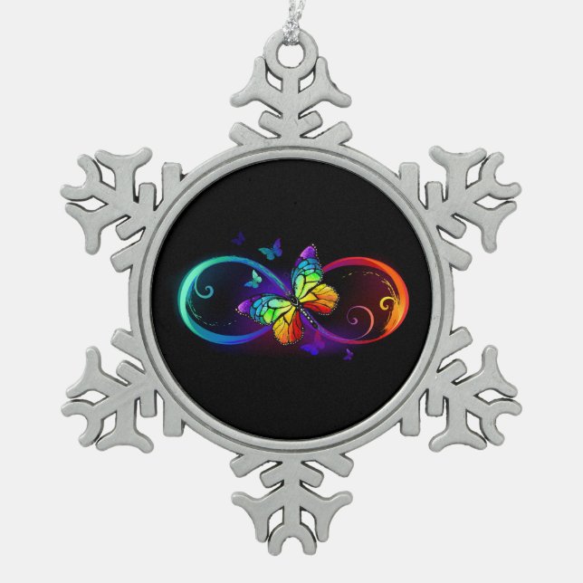 Vibrant infinity with rainbow butterfly on black  snowflake pewter christmas ornament (Front)