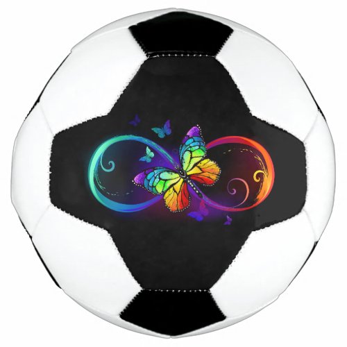 Vibrant infinity with rainbow butterfly on black soccer ball