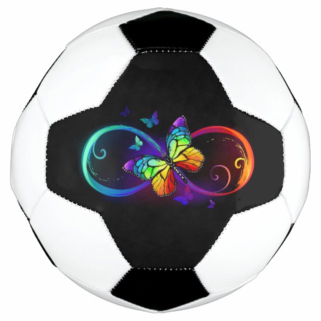 Vibrant infinity with rainbow butterfly on black soccer ball (Front)
