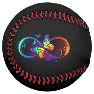 Vibrant infinity with rainbow butterfly on black softball