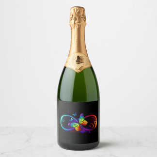Vibrant infinity with rainbow butterfly on black sparkling wine label