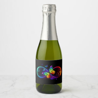 Vibrant infinity with rainbow butterfly on black  sparkling wine label