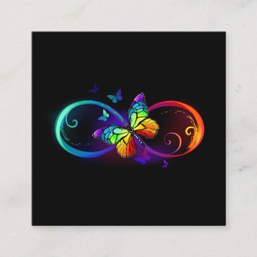 Vibrant infinity with rainbow butterfly on black square business card