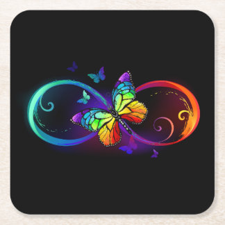 Vibrant infinity with rainbow butterfly on black  square paper coaster