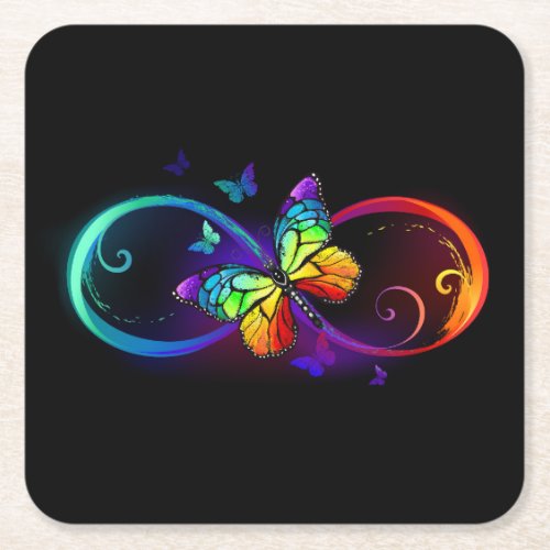 Vibrant infinity with rainbow butterfly on black  square paper coaster