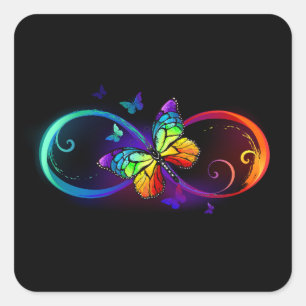 Vibrant infinity with rainbow butterfly on black square sticker