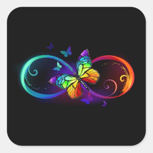 Vibrant infinity with rainbow butterfly on black square sticker