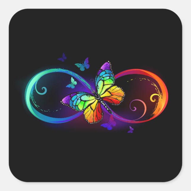 Vibrant infinity with rainbow butterfly on black square sticker (Front)