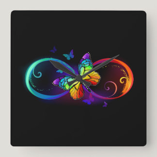 Vibrant infinity with rainbow butterfly on black square wall clock