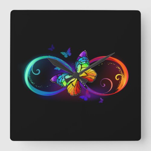 Vibrant infinity with rainbow butterfly on black square wall clock