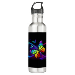 Vibrant infinity with rainbow butterfly on black stainless steel water bottle