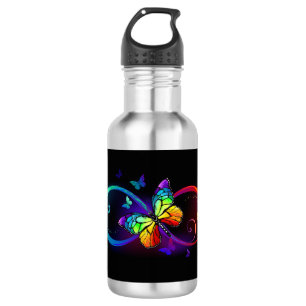 Vibrant infinity with rainbow butterfly on black stainless steel water bottle