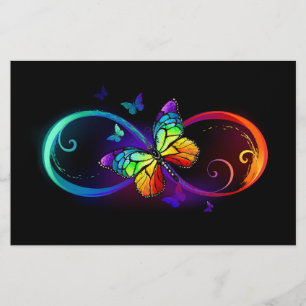 Vibrant infinity with rainbow butterfly on black stationery