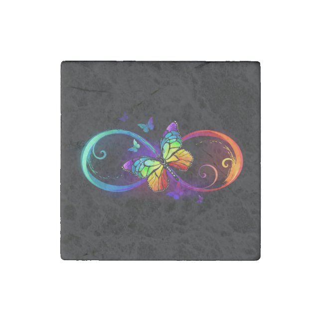 Vibrant infinity with rainbow butterfly on black stone magnet (Front)