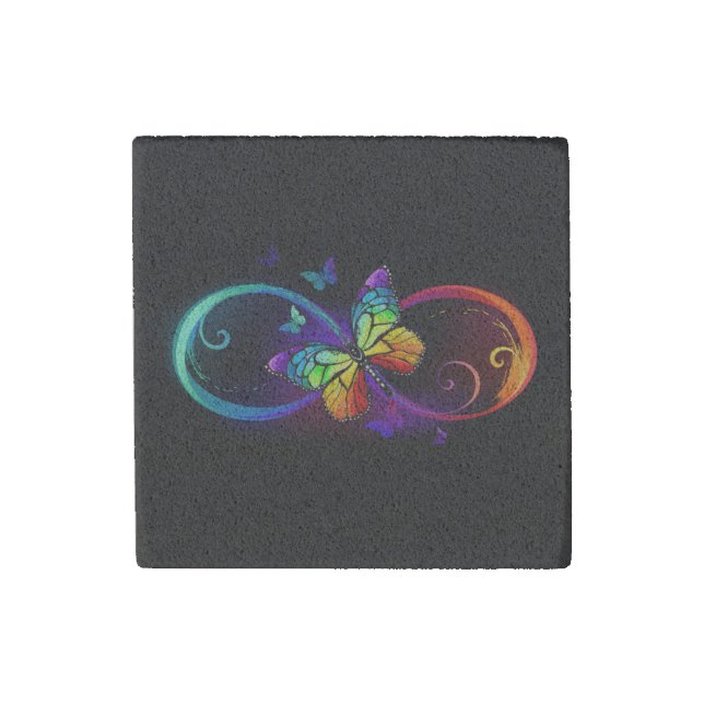 Vibrant infinity with rainbow butterfly on black stone magnet (Front)