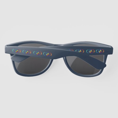 Vibrant infinity with rainbow butterfly on black sunglasses