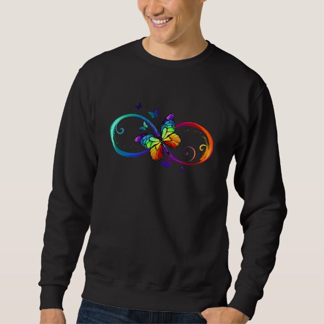 Vibrant infinity with rainbow butterfly on black sweatshirt (Front)