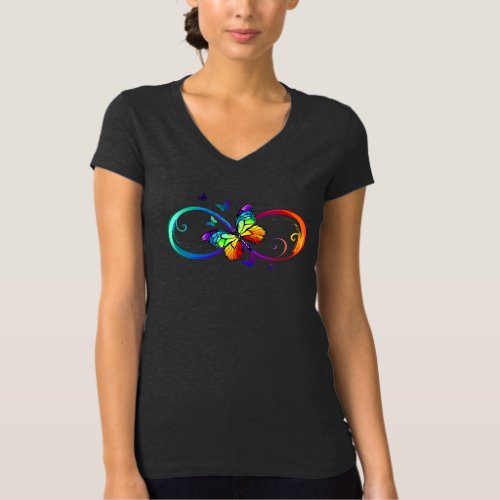 Vibrant infinity with rainbow butterfly on black T_Shirt