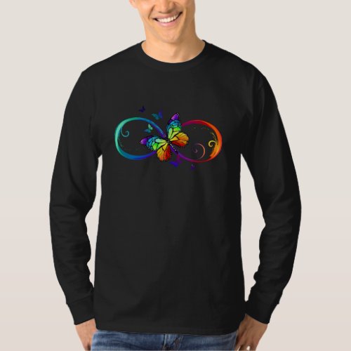 Vibrant infinity with rainbow butterfly on black T_Shirt