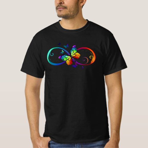 Vibrant infinity with rainbow butterfly on black T_Shirt