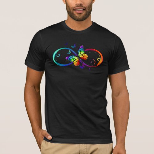 Vibrant infinity with rainbow butterfly on black  T_Shirt