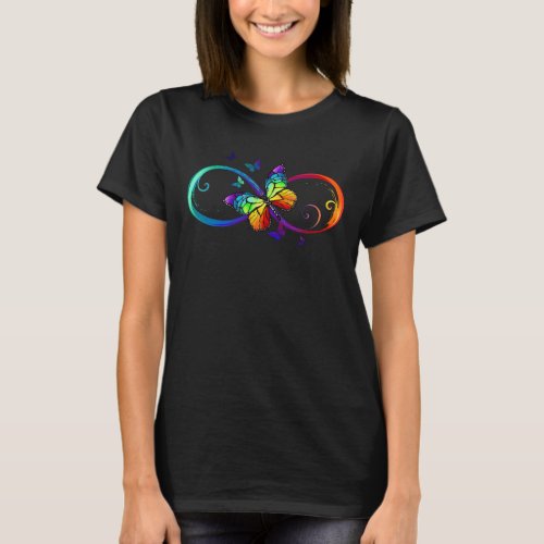 Vibrant infinity with rainbow butterfly on black T_Shirt