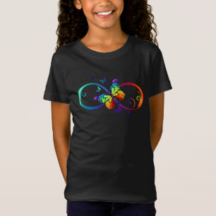 Vibrant infinity with rainbow butterfly on black T-Shirt