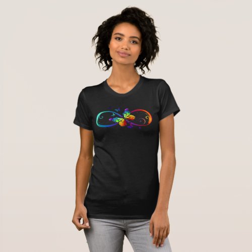 Vibrant infinity with rainbow butterfly on black T_Shirt