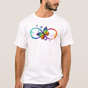 Vibrant infinity with rainbow butterfly on black T-Shirt