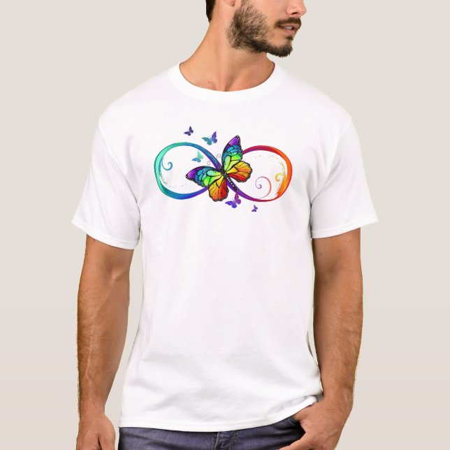 Vibrant infinity with rainbow butterfly on black T-Shirt (Front)