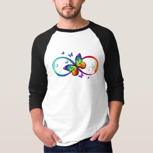 Vibrant infinity with rainbow butterfly on black T_Shirt