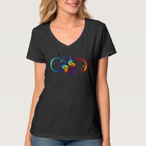 Vibrant infinity with rainbow butterfly on black T_Shirt