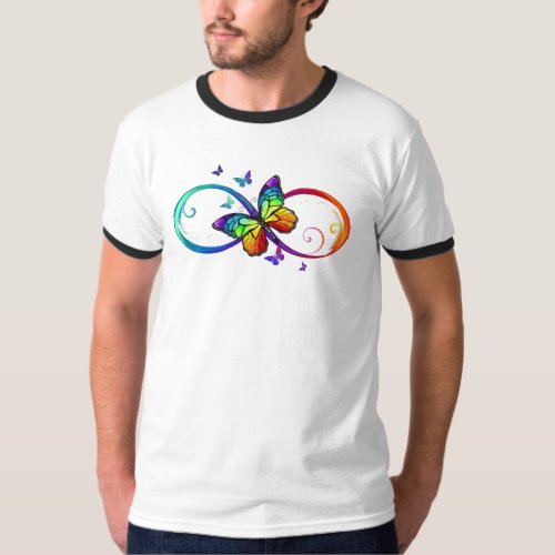 Vibrant infinity with rainbow butterfly on black T_Shirt