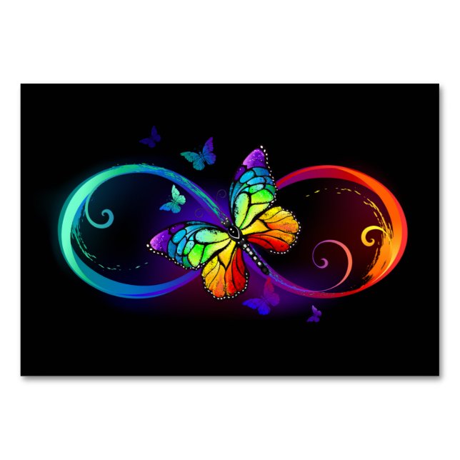 Vibrant infinity with rainbow butterfly on black  table number (Front)